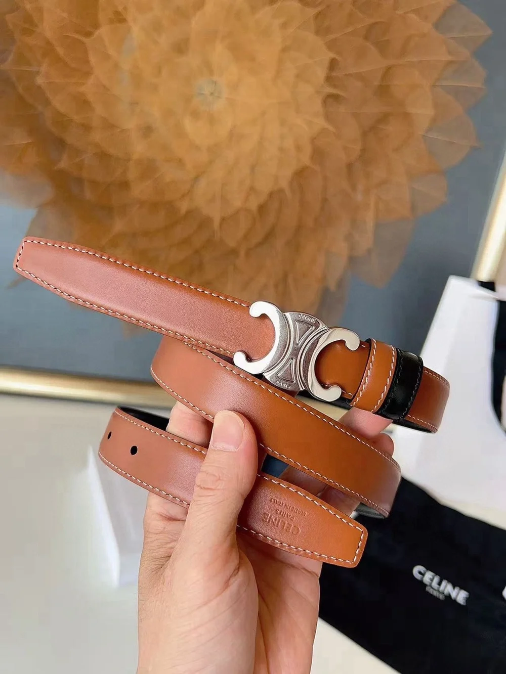 Celine Tan Leather Belt with Silver Triomphe Buckle